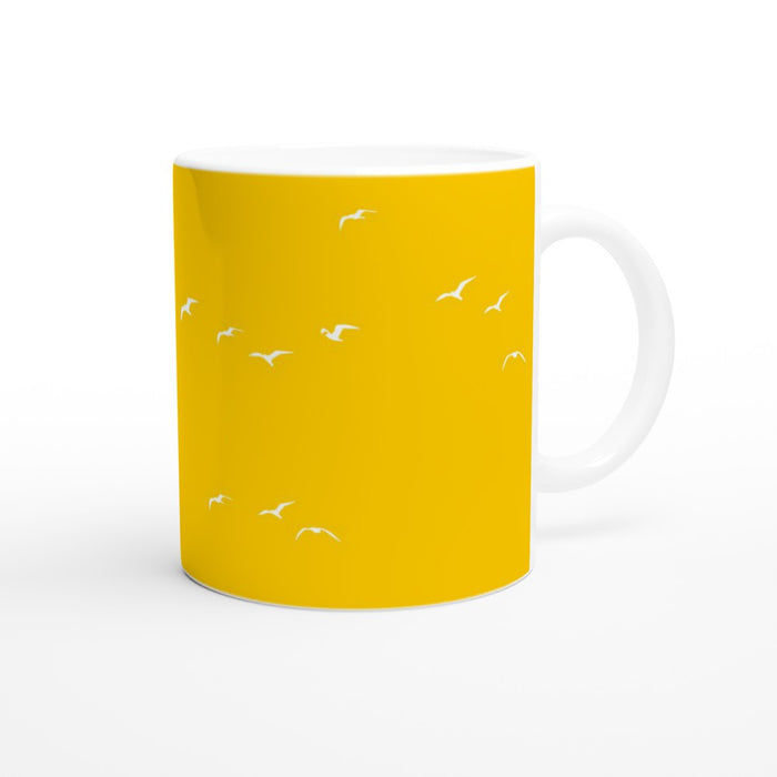 Tasse mit Vögeln - sonnengelb/weiß